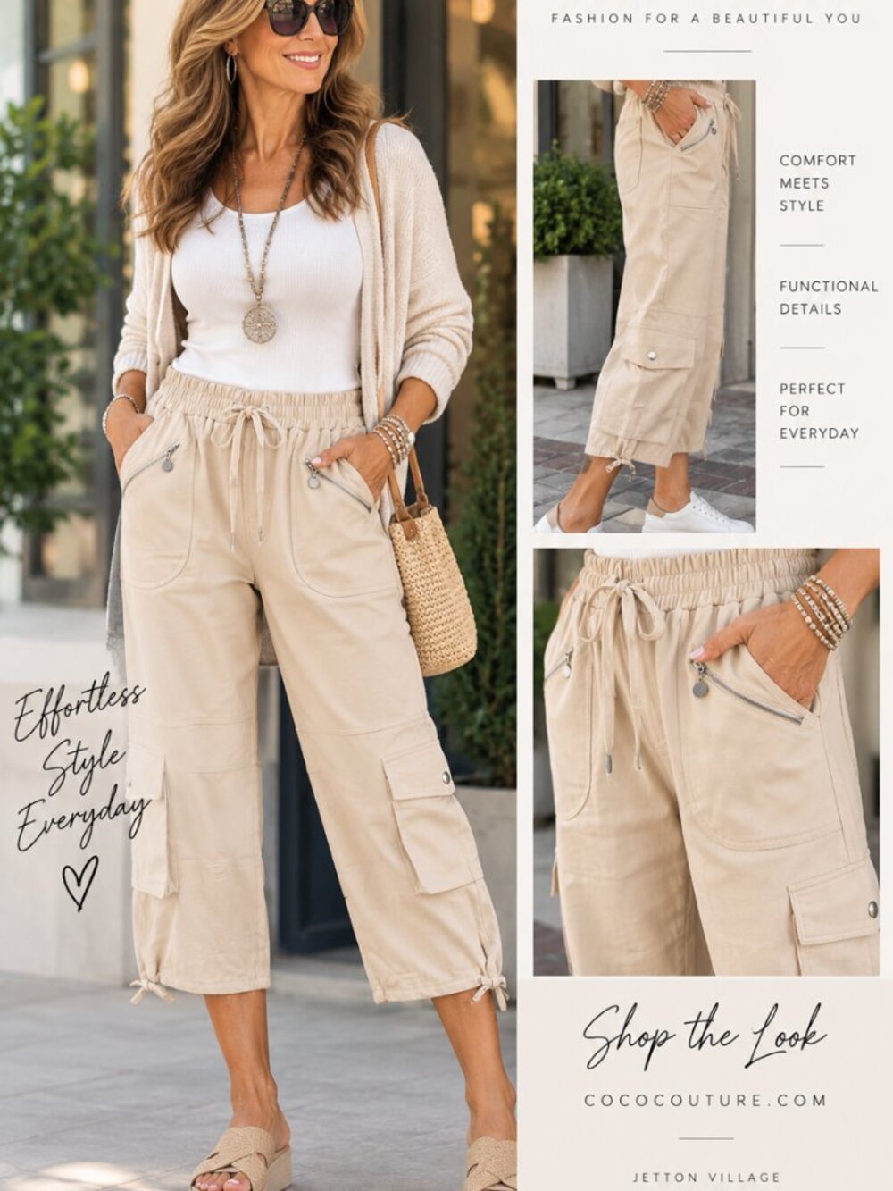 P0301 Cream Capri Drawstring Silver Zipper Pants